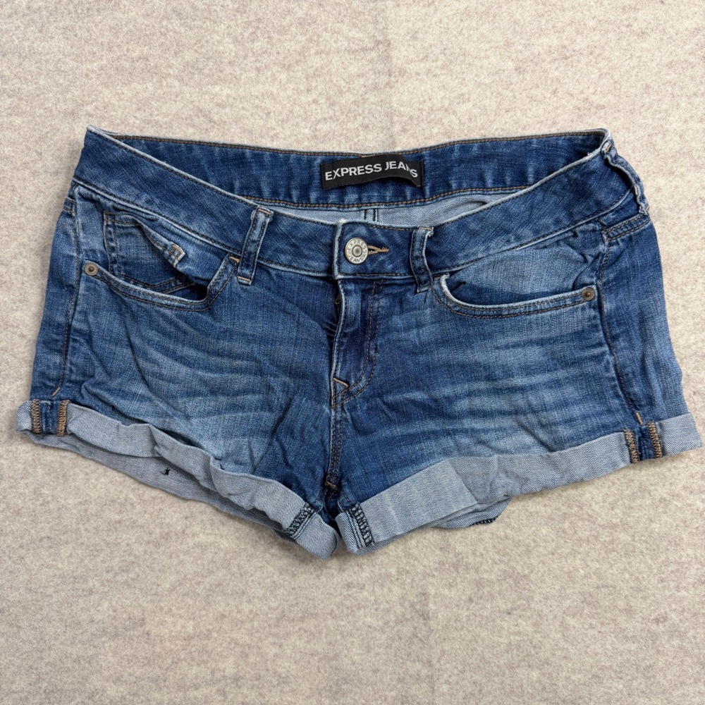 Express Jeans Womens Medium Wash Cuffed Denim Micro Shorts Low Rise Blue Size 8